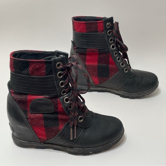 Sorel Lexie Leather Plaid Wedge Boot Womens 7 Red Black Checker - Picture 5 of 9